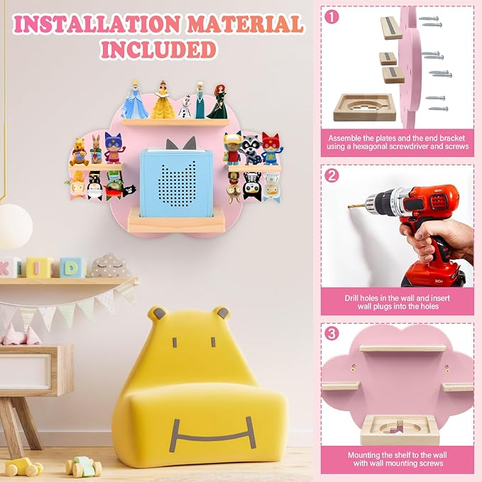 Clouds for Toniebox 1/2 Tonies Figures Organizer Storage Shelf Wall Mounted, Magnetic Floating Shelves for Toniebox Player Display Collection 20~30 Characters (Pink)