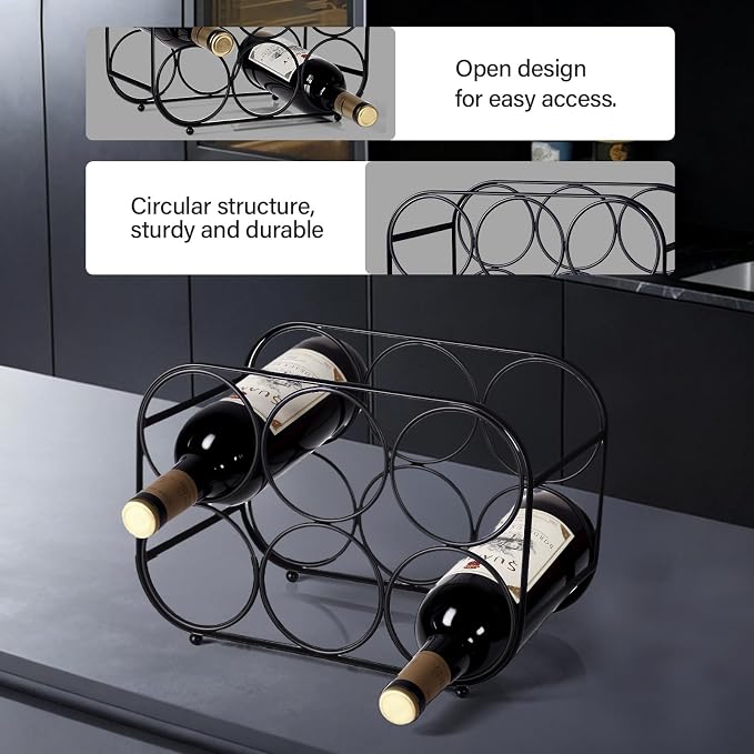 Countertop Wine Rack - 6 Bottle Freestanding Modern Black Metal Small Wine Rack - Tabletop Wine Holder Stand for Cabinet, Pantry, Wine Bottle Storage