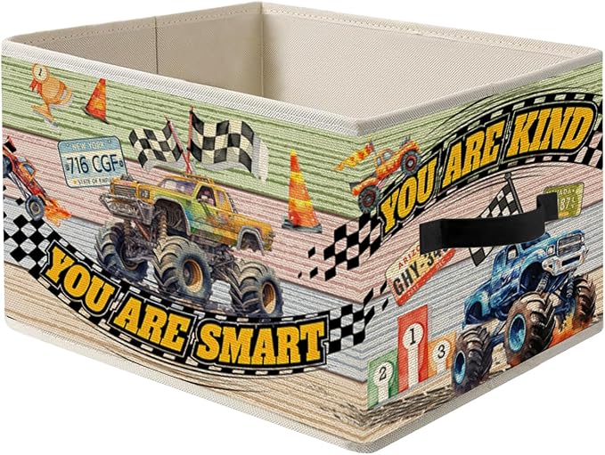 Big Wheel Truck Storage Bin Box with Handles, Kids Boys Inspirational Race Car Foldable Organizer Basket Toybox for Toddler Boys Kids Nursery Bedroom Playroom Clothes Toys Books