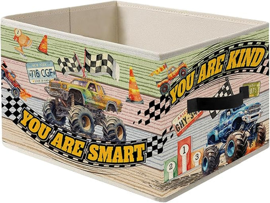 Big Wheel Truck Storage Bin Box with Handles, Kids Boys Inspirational Race Car Foldable Organizer Basket Toybox for Toddler Boys Kids Nursery Bedroom Playroom Clothes Toys Books