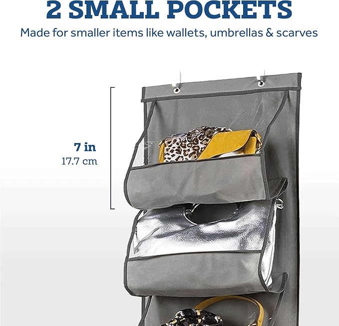 ZOBER Purse Organizer for Closet - Over The Door Purse Organizer W/ 6 Pockets for Easy Purse Storage - Durable Metal Hooks - Purse Rack W/Clear Pockets - Gray (2 Pack)