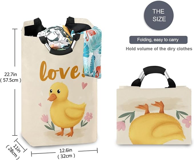 Yellow Duck with Pink Flowers Design Large Laundry Hamper Basket, Collapsible Laundry Bag Storage Bins Baskets with Handles for Laundry, Bedroom, Home Decor