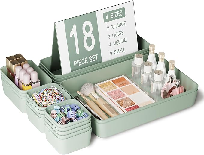 Drawer Organizers Bins 18 PCS for Bathroom Makeup Desk Office | with Non-slip Pads, 4 Sizes, Plastic Tray, Vanity Organizer, Kitchen Utensils Organizer