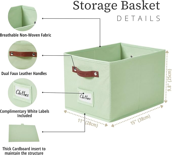 DECOMOMO Storage Bins, Large Fabric Baskets for Shelves, Green (4 Pack) | 15" x 11" x 9.9" foldable closet organizers and storage bins with labels & handles