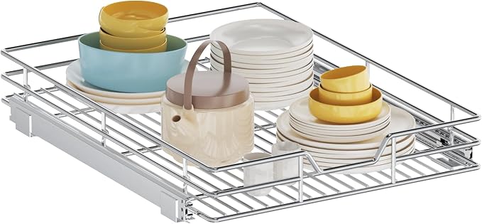 Pull Out Cabinet Organizer, 25.5" W x 21.5" D, Heavy Duty Chrome Slide Out Shelf for Wide Base Cabinets, Sliding Wire Basket Drawer for Pots, Pans, Appliances & Pantry Storage