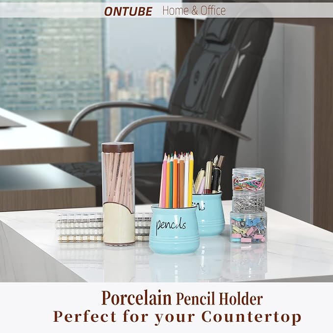 ONTUBE Porcelain Pencils Holder Stand,Ceramic Pens Holder (Turquoise)