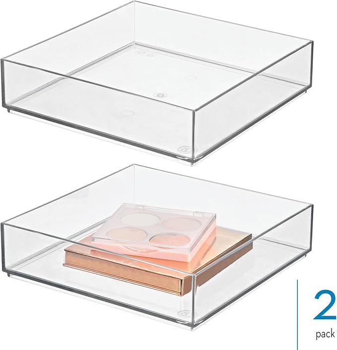 iDesign Plastic Makeup Drawer Organizer Tray, Set of 2, Clear | Vanity Organizer, Desk Drawer Organizer