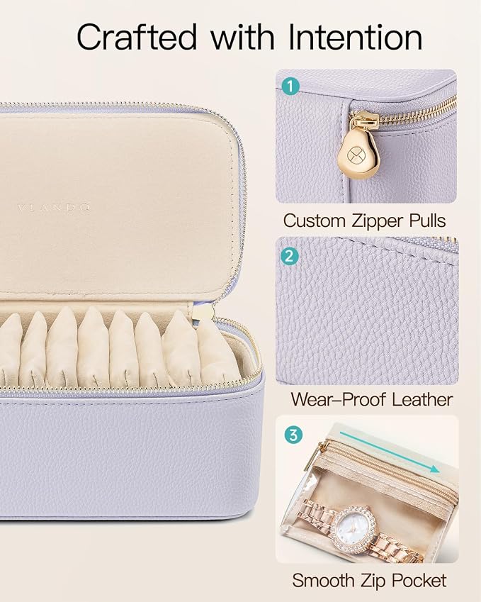 VLANDO Jewelry Box with 12 Velvet Jewelry Bags Travel Jewelry Case for Girls Jewelry Organizers Necklace Rings Earrings Storage Bags Holidays Gifts Bridal Shower Gifts-Purple