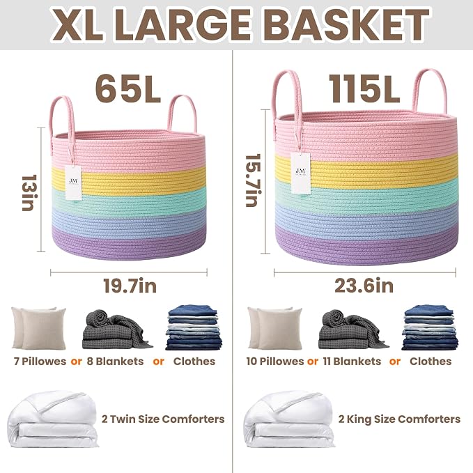 JMvicyroam 65L Extra Large Blanket Basket for Living Room - Woven Cotton Rope Laundry Hamper with Reinforced Handles - Storage Bin for Pillows, Comforters & Toys - Machine Washable,Rainbow