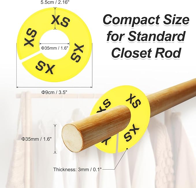 PATIKIL Clothes Dividers for Hanging Clothes, 40 Pack 8 Sizes Round Pre-written Clothing Rack Dividers Size Mark Label Sorting Separator for Closet, Yellow