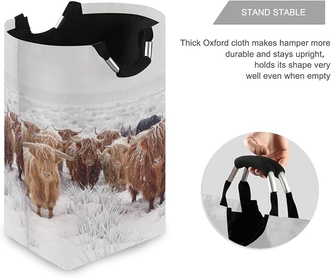 Winter Scottish Highland Cow Large Laundry Hamper Basket, Collapsible Laundry Bag Storage Bins Baskets with Handles for Laundry, Bedroom, Home Decor