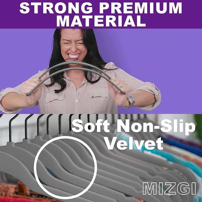 MIZGI Premium Velvet Hangers (50 Pack) Heavy Duty - Non Slip Felt - Gray Suit Hangers With Black Coated Hooks - Space Saving Clothes