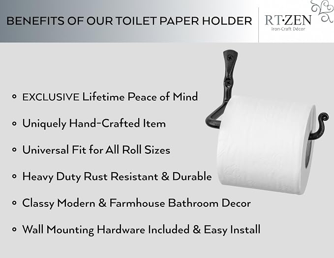 RTZEN Bathroom Toilet Paper Holder - Handcrafted Rustic Wrought Iron Wall Decor Toilet Roll Holder - Black Matte Wall Mount Bar for Modern Farmhouse Bathroom Decor