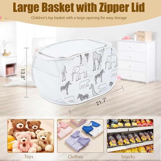 Collapsible Toy Box with Zipper Lid- Stuffed Animal Storage Basket White | Sturdy Foldable Toy Basket, Lightweight, Easy-Carry Handles, Space-Saving, Animal Print, for Kids Room, Playroom, Bedroom