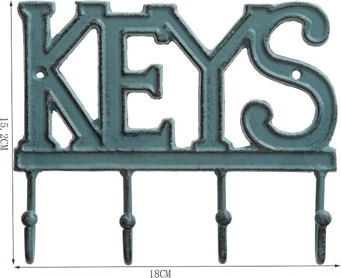 FairyCity Keys Holder for Wall Metal Vintage Keys Hook Organizer- Home Decor Key Hanger Rack Decorative with 4 Hooks,18 * 15cm Blue