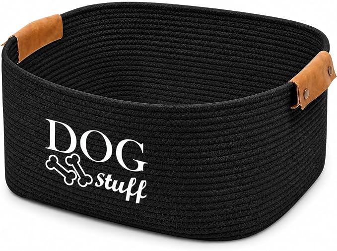 Geyecete Square Dog toy basket storage Cotton Rope Storage Basket Pet/Pet Toy And Accessory Storage Bin Doy Toy Box-Black