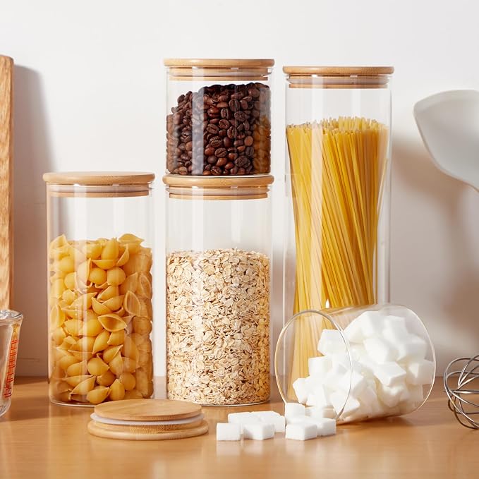 Glass Food Storage Jars with Lids[Set of 5], Perfect for Pasta, Cookies, Nuts, Coffee, Cereal, Flour, Organize Your Kitchen and Pantry with these BPA-Free Glass Jars with Canisters