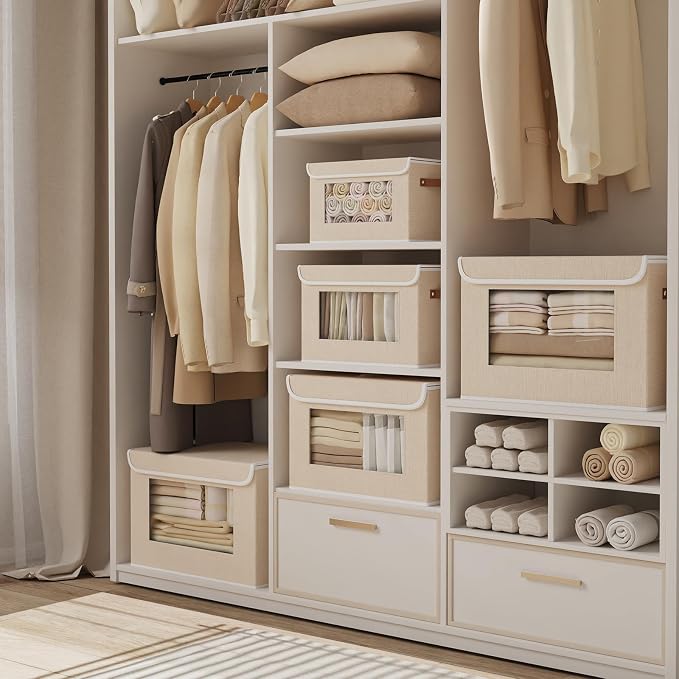 Beige Portable Storage Box,Closet Bin,10.2x7.8x6.7In,3Pack | Decorative Storage Bins with Lids,Shelf Baskets with Handles and Window,Fabric Closet Organizers,Sock Cube Container for Home