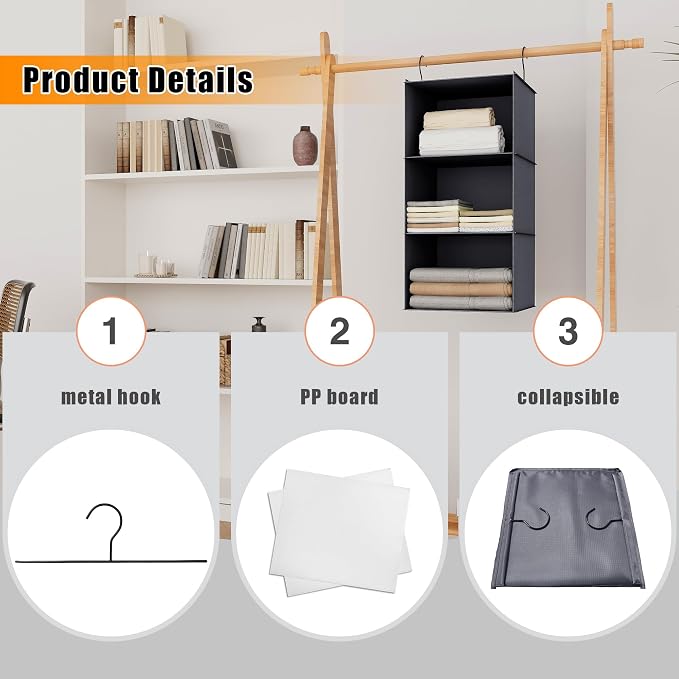 Hanging Closet Organizer 3-Shelf, Oxford Fabric Wardrobe Storage, Dark Gray | Easy-mount foldable design holds clothes, handbags, shoes & accessories; washable Oxford fabric, sturdy and space-saving.