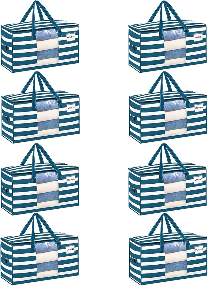 VENO 8 Pack Heavy Duty Moving Bags, Clothes and Comforter Storage Bags with Clear Window, College Dorm Essentials Packing Supplies, Foldable Boxes Alternative (Classic Navy Stripe, 8 Pack)