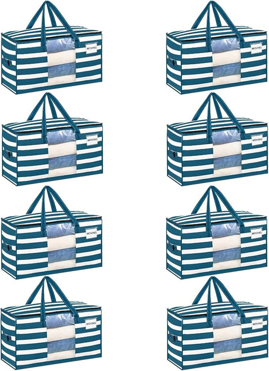 VENO 8 Pack Heavy Duty Moving Bags, Clothes and Comforter Storage Bags with Clear Window, College Dorm Essentials Packing Supplies, Foldable Boxes Alternative (Classic Navy Stripe, 8 Pack)