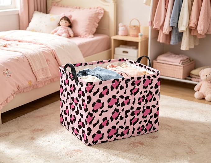 Rectangular Baby Kids Storage Basket for Home Kitchen Girls Cute Toy Storage Bin Organizer Shelf Book Room Decor(Pink Leopard)