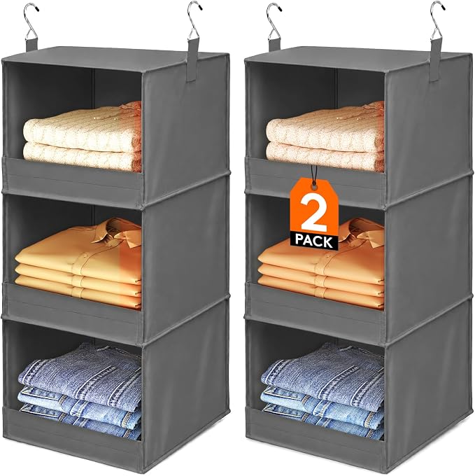 Lifewit 3 Tier Hanging Closet Organizer and Storage, Foldable Hanging Closet Shelves with 2 Sturdy Hooks, Clothes Organization for Sweater/Shoes/Coat, for Wardrobe, Bedroom, RV, Gray, 2 Pack