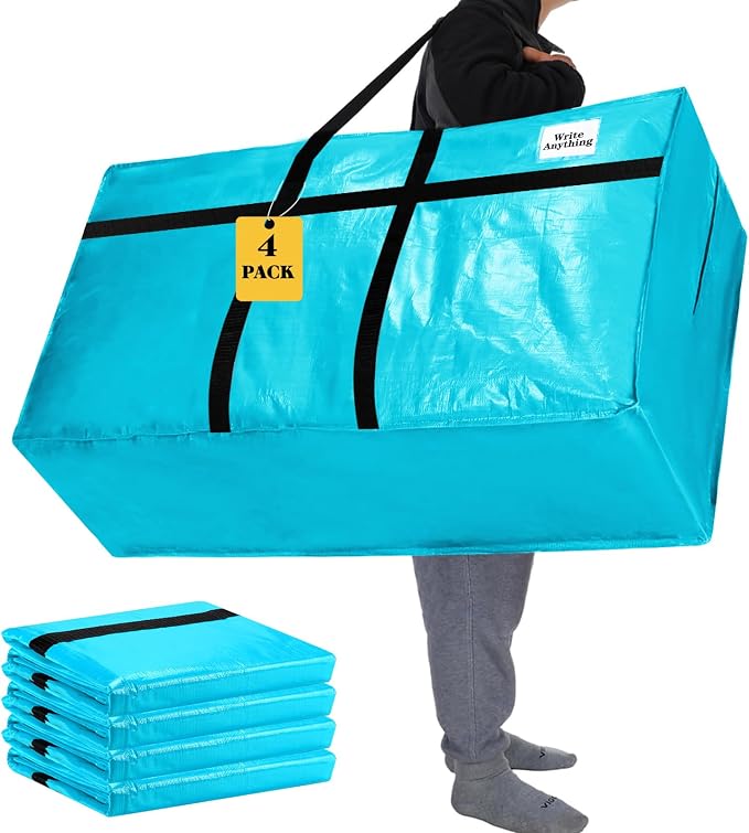 Windyun 4 Pack 57 Gallon Extra Large Moving Bags XXL Heavy Duty Storage Bag with Strong Zipper Handle Jumbo Big Tote Box Foldable for College Dorm Travel Clothes Duffle Blanket Pillow(Lake Blue)