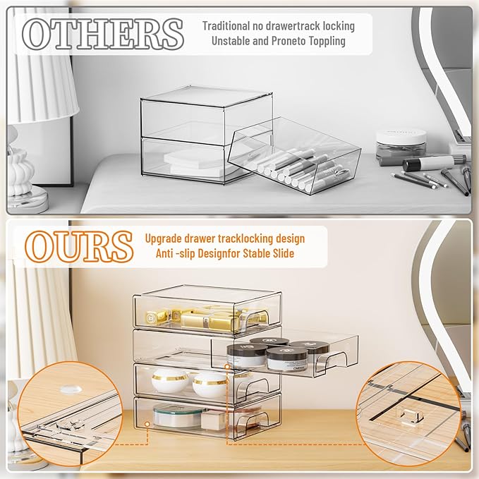 Yieach 4 Pack Small Clear Stackable Storage Drawers,2.2'' Tall Desk Organization and Storage,Plastic Office Supply Organizer,Acrylic Storage Containers for Makeup,Hair Clip,Accessory,Pen,Art Crafts