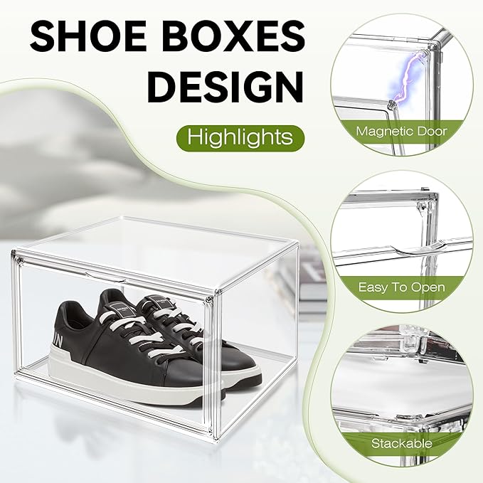 12 Pack Sneaker Boxes Clear Plastic Stackable Shoe Box Size 12.5, Transparent Display Case with Magnetic Acrylic Door, Dustproof Storage Bins for Closet, Over the Door Shoe Organizer
