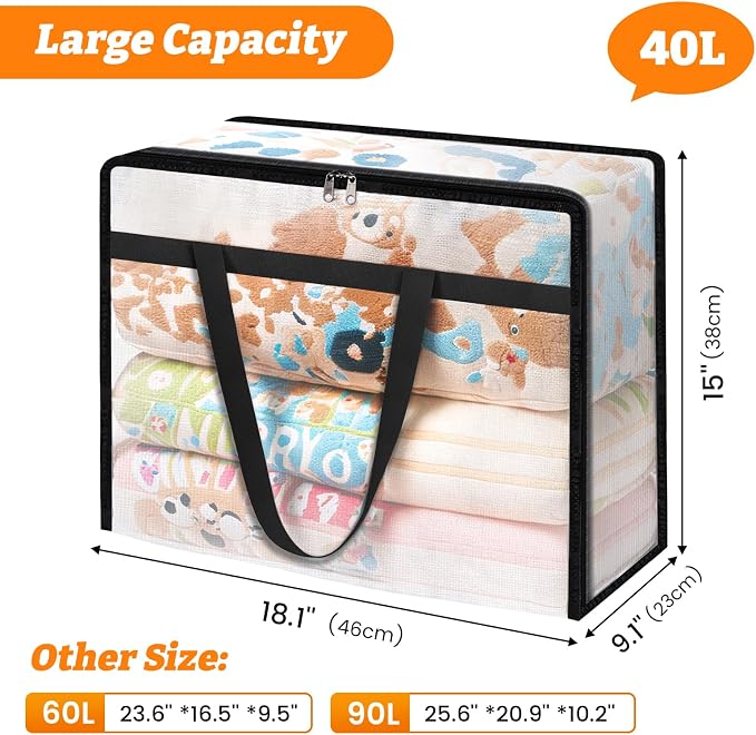BlissTotes 4 Pack Clear Clothes Storage Bags, Moving Bags, Foldable Blanket Storage Under Bed Storage Containers with Sturdy Zipper and Handle for Clothing, Comforter, Bedding, Sheet (40L)