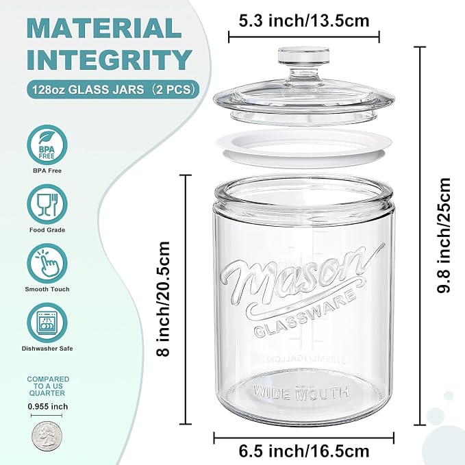 1 Gallon Cookie Jars, 2 Pcs, Large Glass Jars with Airtight Lids for Kitchen, Wide Mouth Food Storage Containers for Flour, Sugar, Sourdough Starter, Candy, Coffee, Dog Treat, Apothecary, Laundry