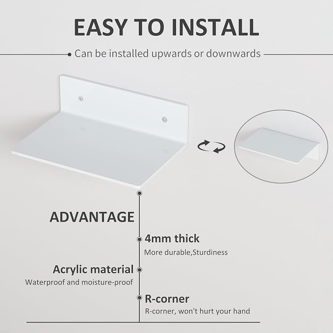 Hexsohoma 9 Inches White Floating Shelves, Acrylic Wall Shelves for Living Room, Bedroom, Bathroom, Kitchen, Office, Brand Store, Retails, Gaming Room, 4 Pack