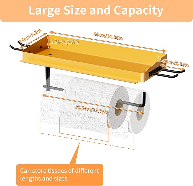 SUNTECH Garage Paper Towel Holder with Shelf, Yellow Heavy Duty Shop Towel Holder, Paper Towel Holder Wall Mount with 2 Hooks for Garage, Workshop, Tool Room Organization