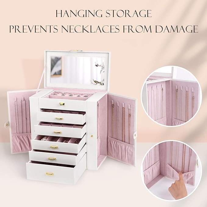 Kendal Extra Large Jewelry Box Jewelry Case PU Leather 6 Tier 5 Drawers Large Storage Capacity with Mirror Jewelry Storage Organizer Great Gift Also Good For Watches LJC-SHD5CM(White)