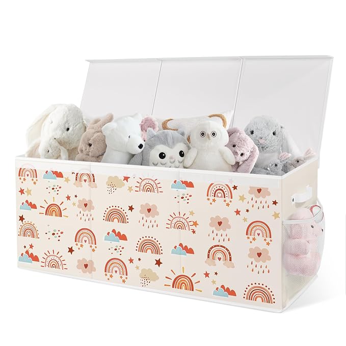 Extra Large Collapsible Toy Box with Lids, Sturdy Storage Organizer for Kids, 38"x16"x13" Toy Chest for Playroom, Nursery, Bedroom, Living Room (Boho Rainbows)