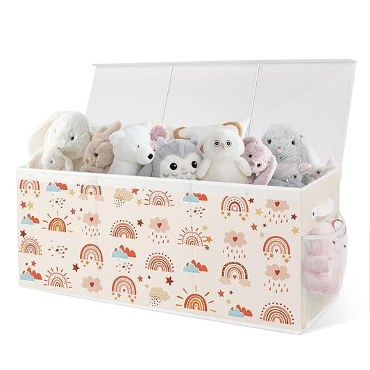Extra Large Collapsible Toy Box with Lids, Sturdy Storage Organizer for Kids, 38"x16"x13" Toy Chest for Playroom, Nursery, Bedroom, Living Room (Boho Rainbows)