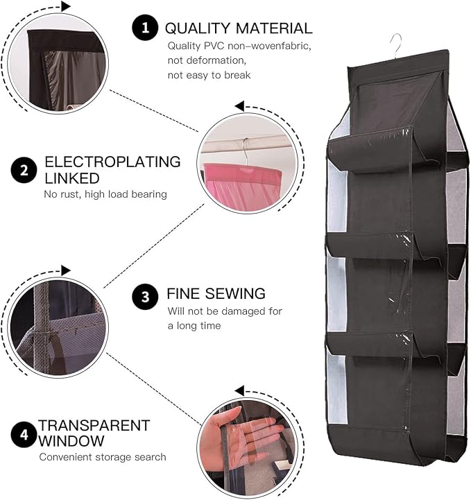 8 Pockets Hanging Purse Handbag Organizer Clear Hanging Shelf Bag Collection Storage (Black)