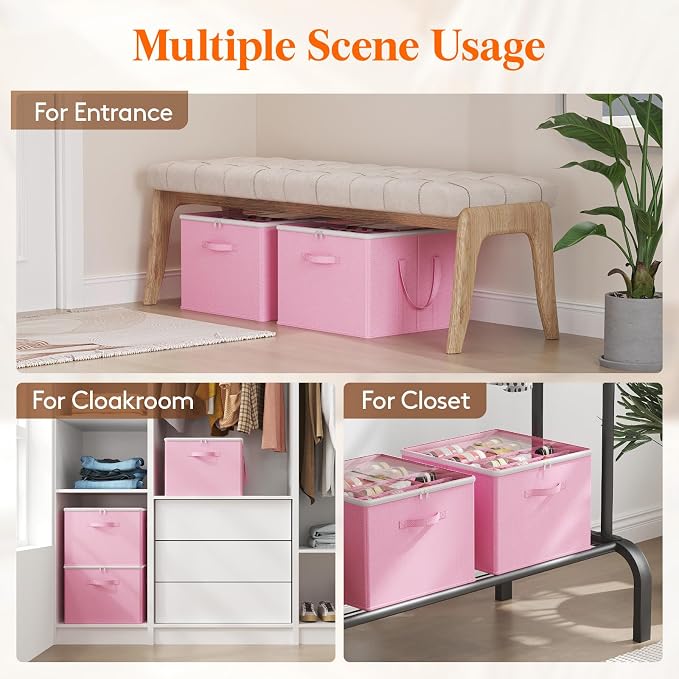 Lifewit 4 Pack Shoe Storage Organizer for Closet, Large Shoe Box Storage Containers with Clear Cover, Foldable Storage Bins Fit for Boots Fits 48-64 Pairs (Each 12-16 Pairs) Pink
