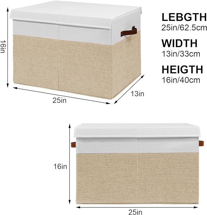 Gowee Large Toy Storage Box with Lid, Sturdy Toys Storage Chest Bin Organizer Basket with Dividers for Kids, Boys, Girls, Nursery, Closet, Bedroom, Playroom 25"x13" x16" (Beige and White)