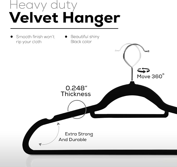 Utopia Home Velvet Hangers 100 Pack – Premium Hangers with Tie Bar - Black | Non-Slip Slim Clothes & Coat Hangers with Tie Bar, Space-Saving Heavy Duty Design, 360° Swivel Hook