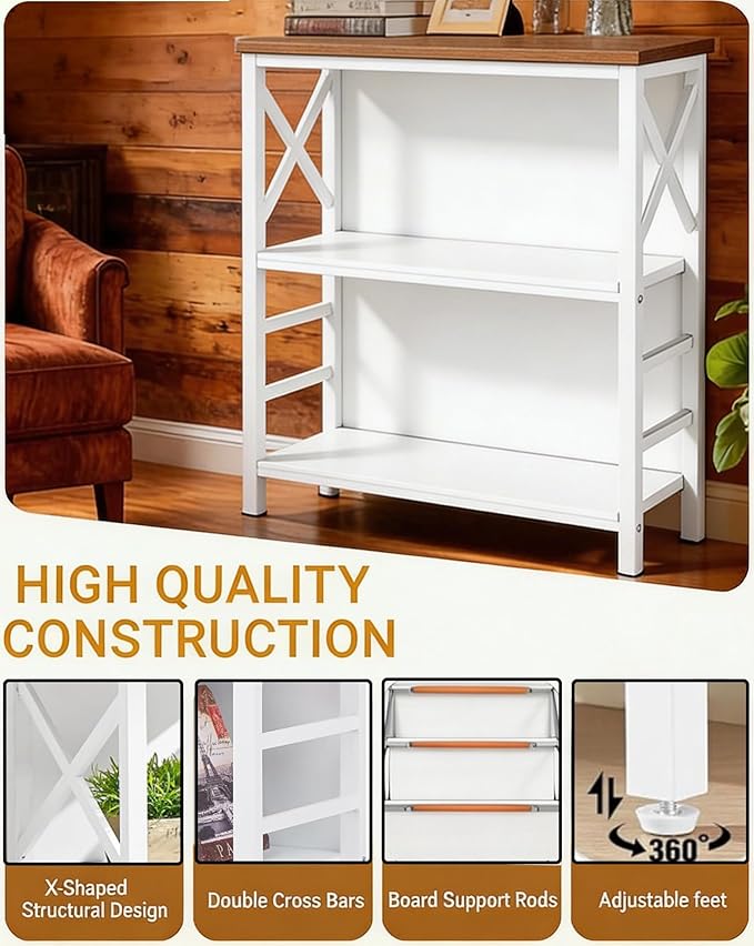 MNEETRUNG Book Shelf, Small 3-Tier Industrial Bookshelf with Strong Metal Frame & Backboard, 29.5" Short Bookcase for Small Spaces, Living Room, Bedroom and Home Office, White