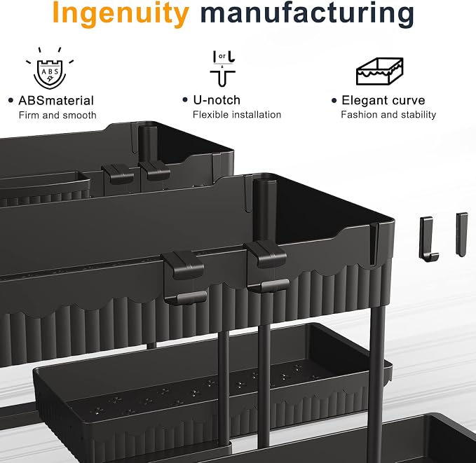 Sevenblue 2 Packs Under Sink Organizer, Height Adjustable 2 Tier Under Kitchen Sink Organizer, Multi-Purpose Storage Shelf for Kitchen Bathroom Cabinet, Deep-Black,12.85 Inches