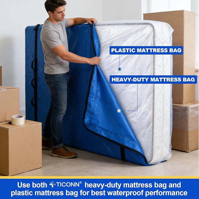 TICONN Mattress Bags for Moving, Heavy Duty Full Mattress Cover Storage Bag with Full-Around Handle and Adjustable Buckles (Blue, Full)