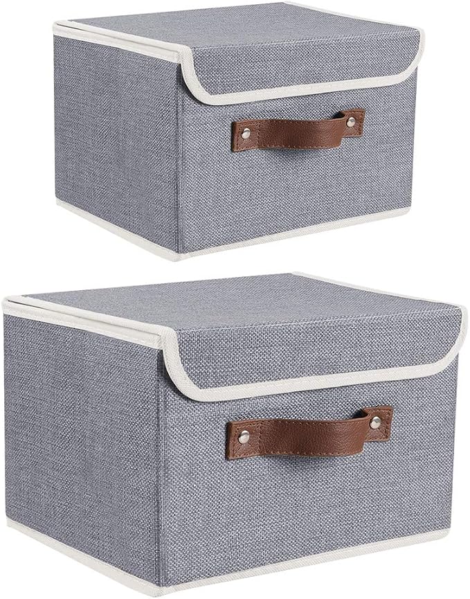 2Pack Storage Bins Boxes with Lids 15"x10"x10" Decorative Storage Baskets | Cotton Linen Fabric, Collapsible, Faux Leather Handles, Storage Cubes, Closet Shelf Clothes Organizer Container, Grey