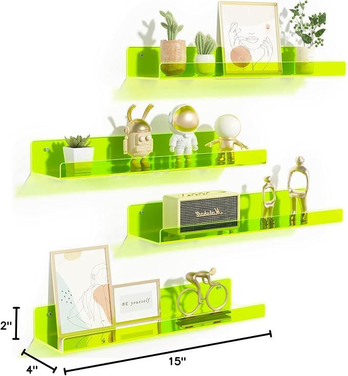 upsimples 4 Pcs 15" Acrylic Shelves for Wall Display, Fluorescent Green | Cute Floating Shelf for Perfume, Skincare, Nail Polish, Wall Organizer for Bedroom, Living Room, Playroom, Room Décor