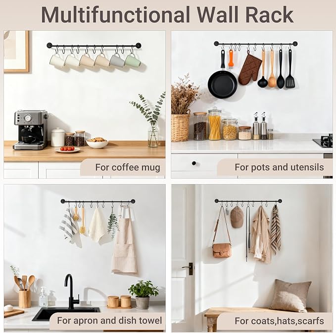 Mkono Mug Holder Wall Mounted Coffee Cup Rack Hanger Modern Metal Wall Rack with 10 Mug Hooks Rustic Utensil Tea Cups Storage Organizer for Kitchen Dining Room Coffee Bar, Set of 2 (1, Large)
