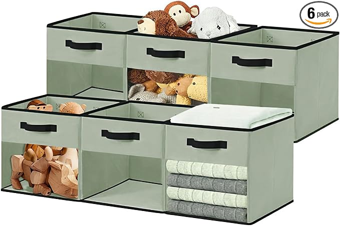 DECOMOMO Storage Bins, Cube Storage Bin with Window | 11" Cube, 6 Pack, Fabric Storage Cubes for Shelves (Green)