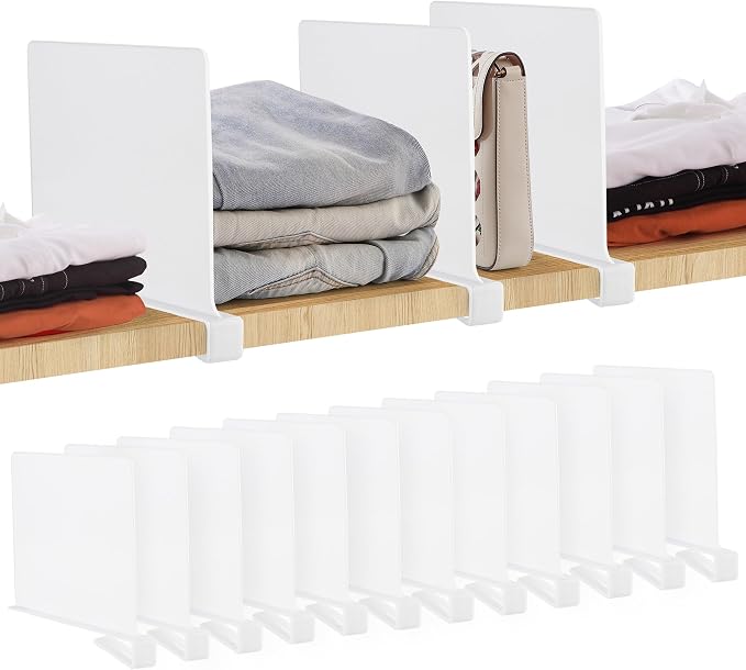 White Acrylic Shelf Dividers for Closets Organizer & Storage,12 Pack | Adjustable Vertical Wood Shelf Closet Separators, Keep Clean, for Clothes,Book,Bags, in Bedroom and Kitchen