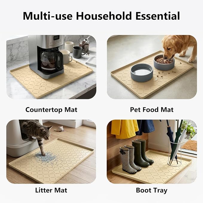 Mateeylife Under Sink Mats for Kitchen Waterproof 34"X22", Undersink Protectors，Silicone Mat Cabinet Liner, Under Sink Organizer for Bathroom and Kitchen，Boot Tray Pet Food Mat, Khaki